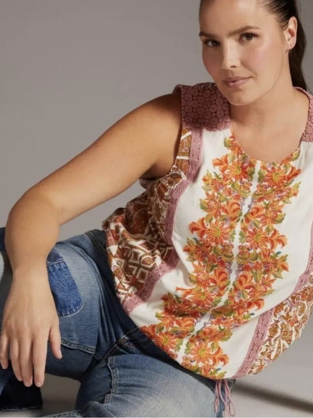 Tiny Floral Embroidered Sleeveless Top - White with Orange Floral
